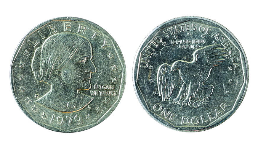 Доллар Сьюзен Энтони 1979 года — на реверсе орел, садящийся на поверхность Луны.
